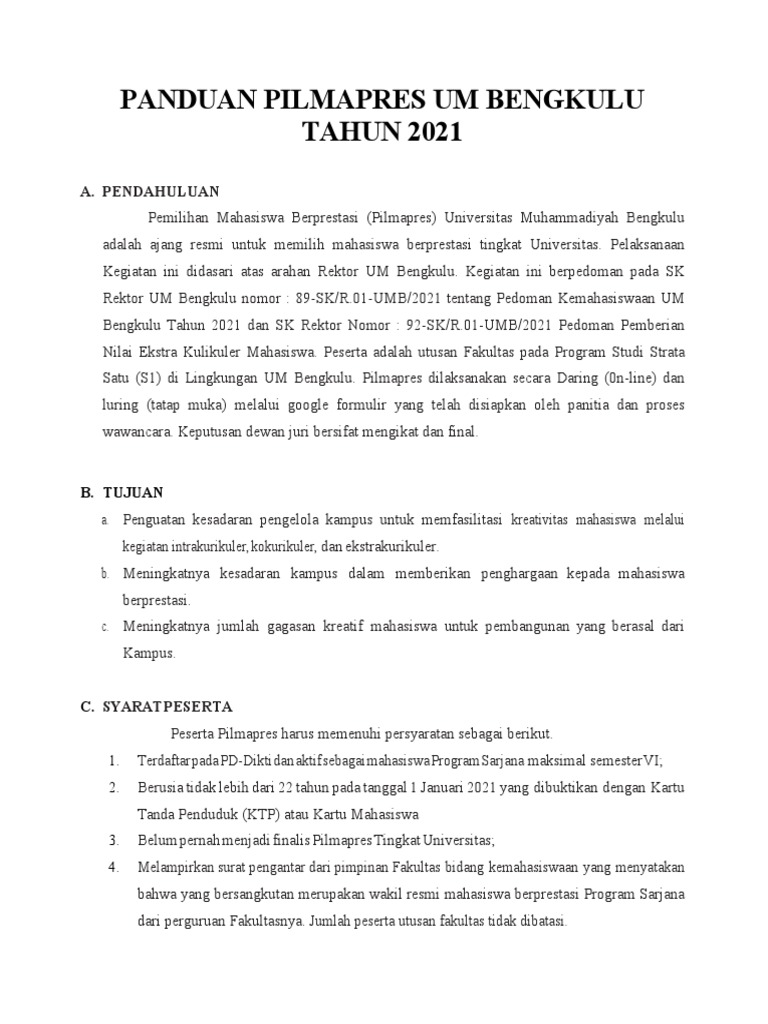 Panduan Pilmapres UM Bengkulu 2021 | PDF
