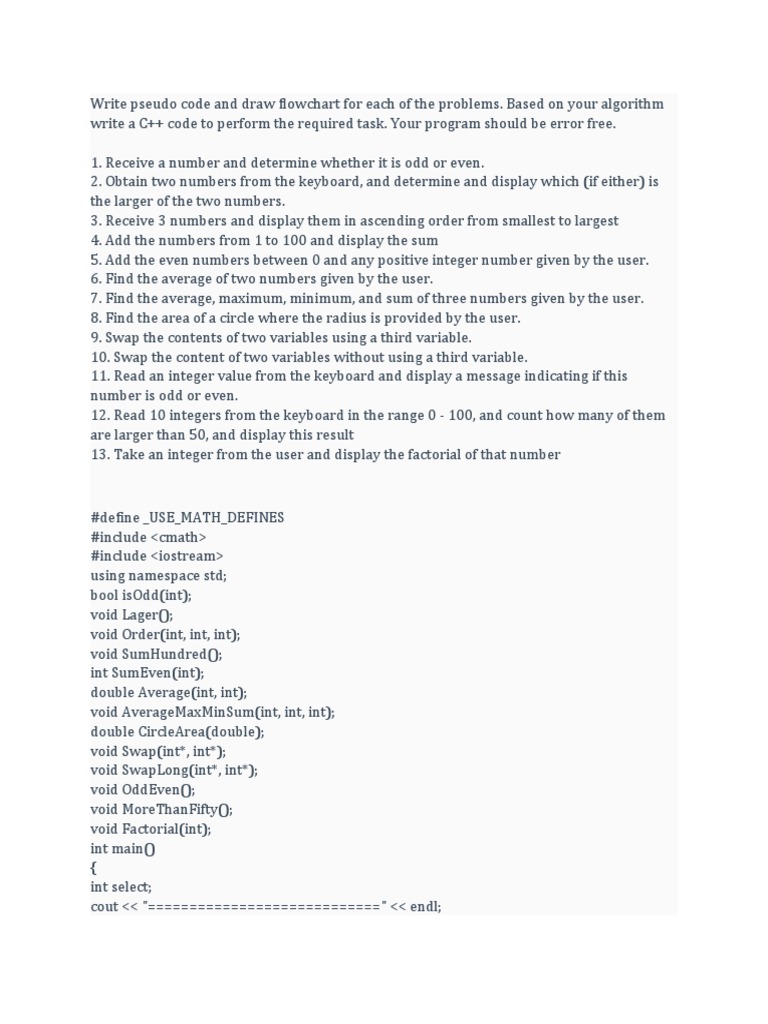 Write Pseudo Code and Draw Flowchart For Each of The Problems | PDF ...