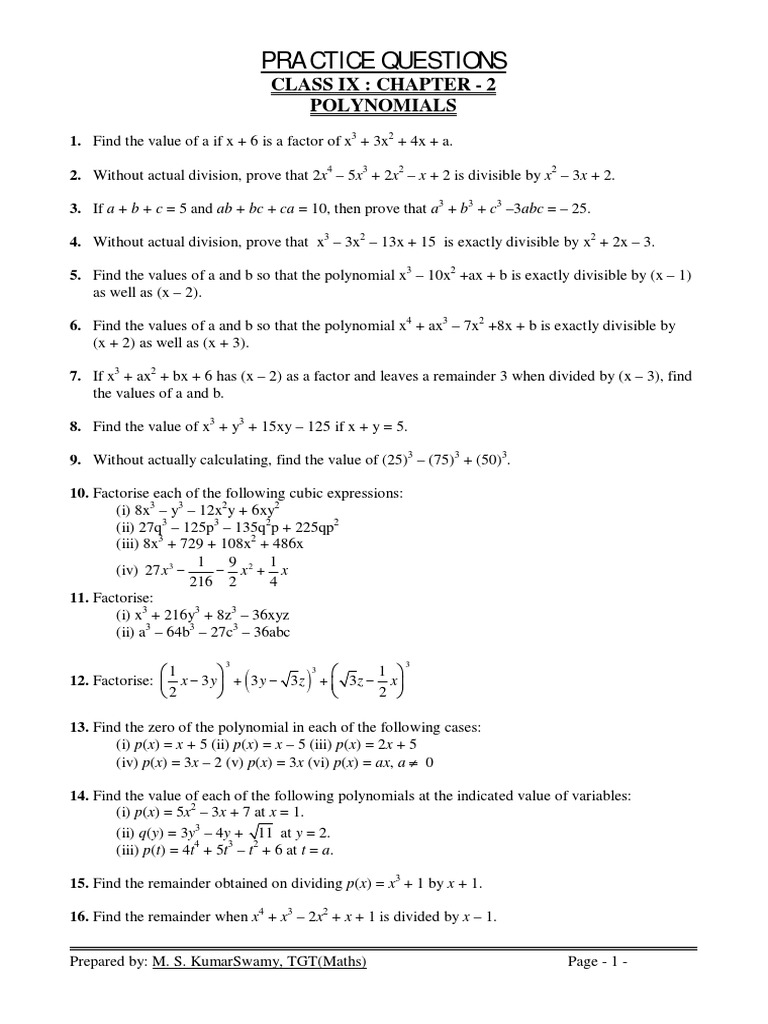 Practice Revision Questions Polynomials Pdf Factorization Algebra