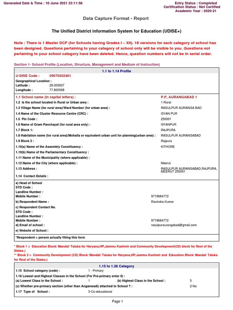 Data capture format report the unified district information system