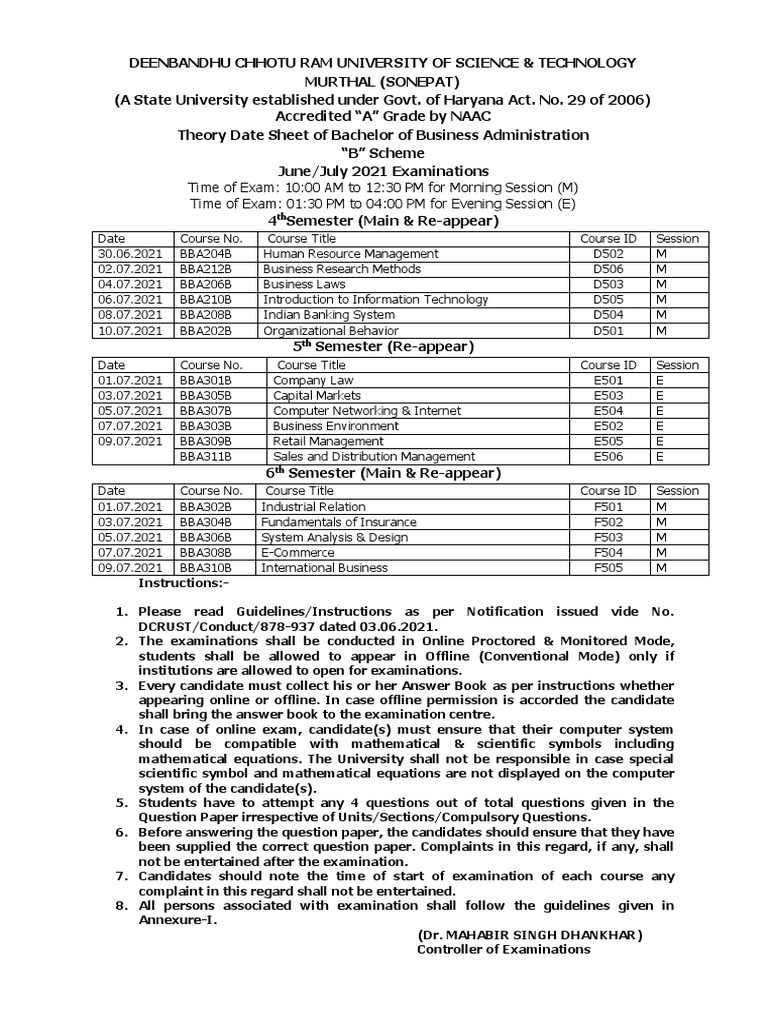 BBA Exam Schedule June/July 2021 | PDF | Online And Offline | Test ...