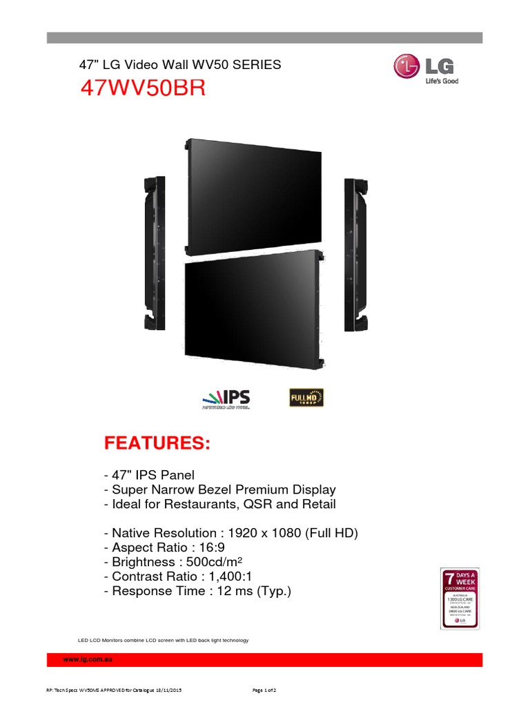Tech Specs 47WV50BR APPROVED For Catalogue | PDF | Computer Monitor ...
