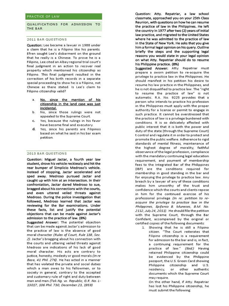 Legal Ethics Bar Questions and Answers 1 PDF Lawyer Disbarment