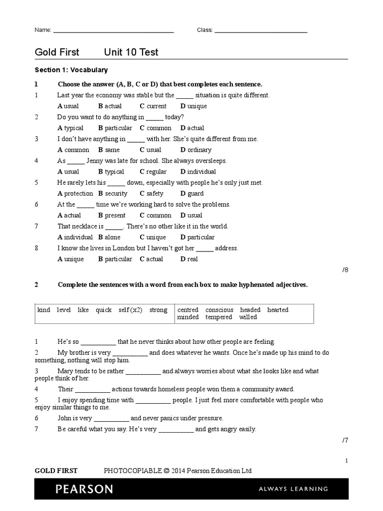 Gold First Unit 10 Test: Name: Class | PDF