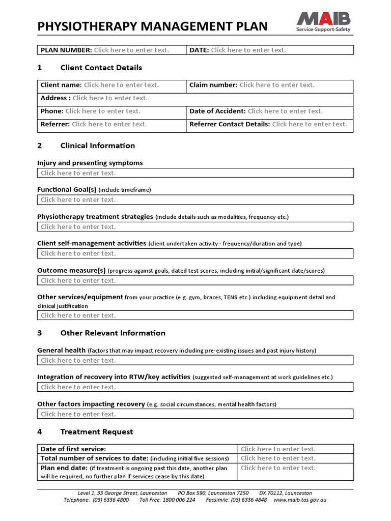 Physiotherapy Management Plan Template | PDF | Physical Therapy | Medicine