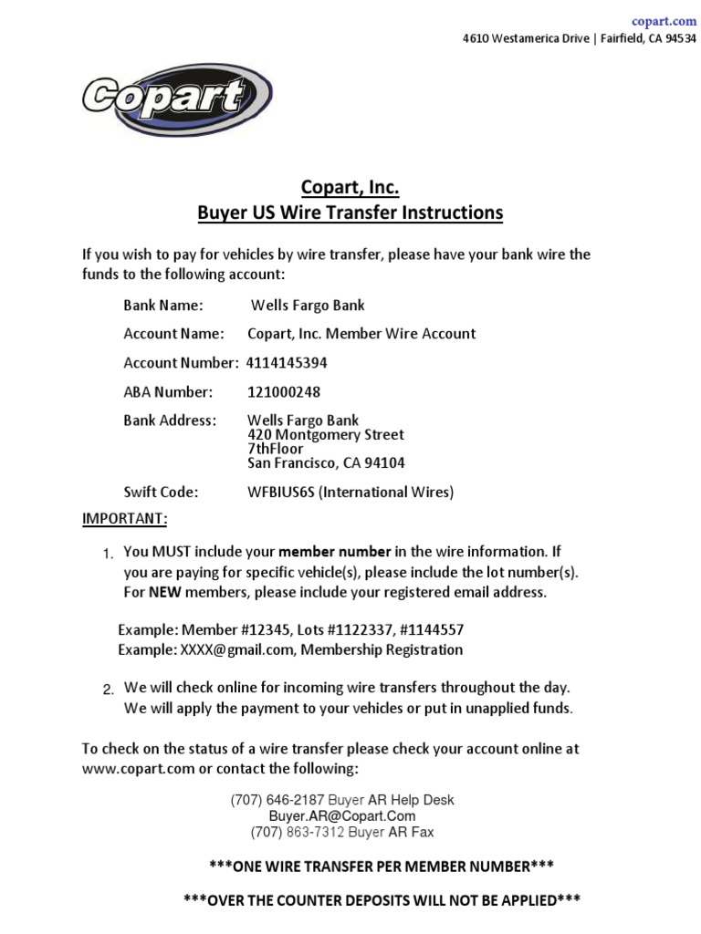 Copart, Inc. Buyer US Wire Transfer Instructions PDF