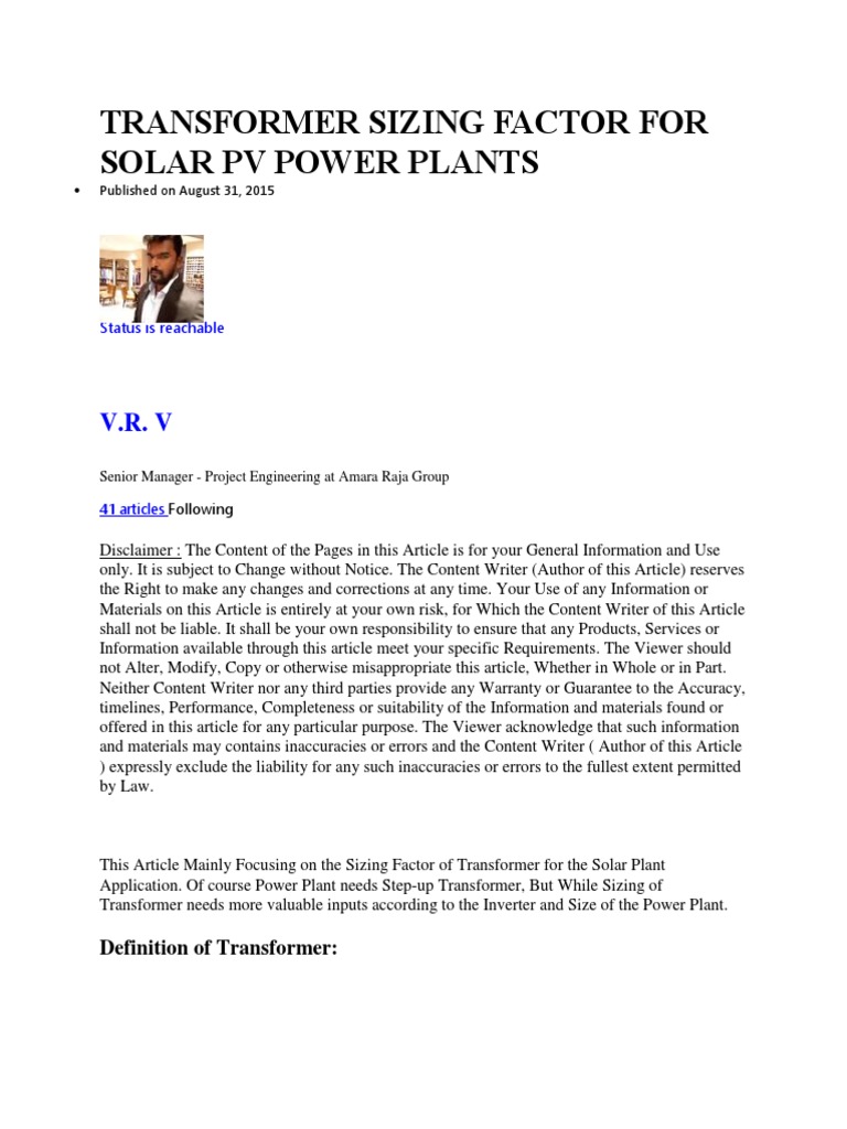 Sizing Transformers for Solar PV Plants | PDF | Electrical Substation ...