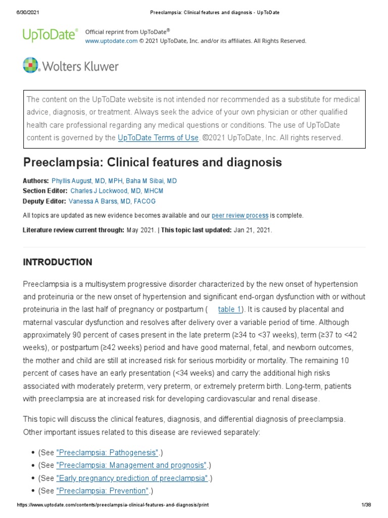 Preeclampsia Clinical Features and Diagnosis UpToDate PDF