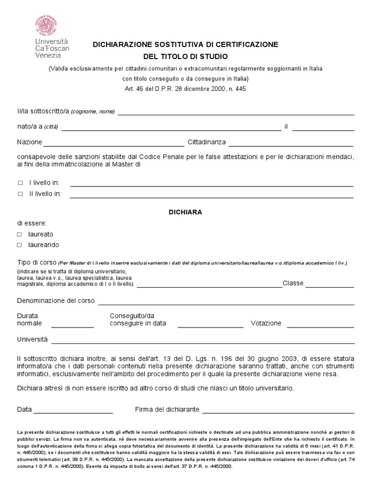 Autocertificazione Titolo Di Studio PDF