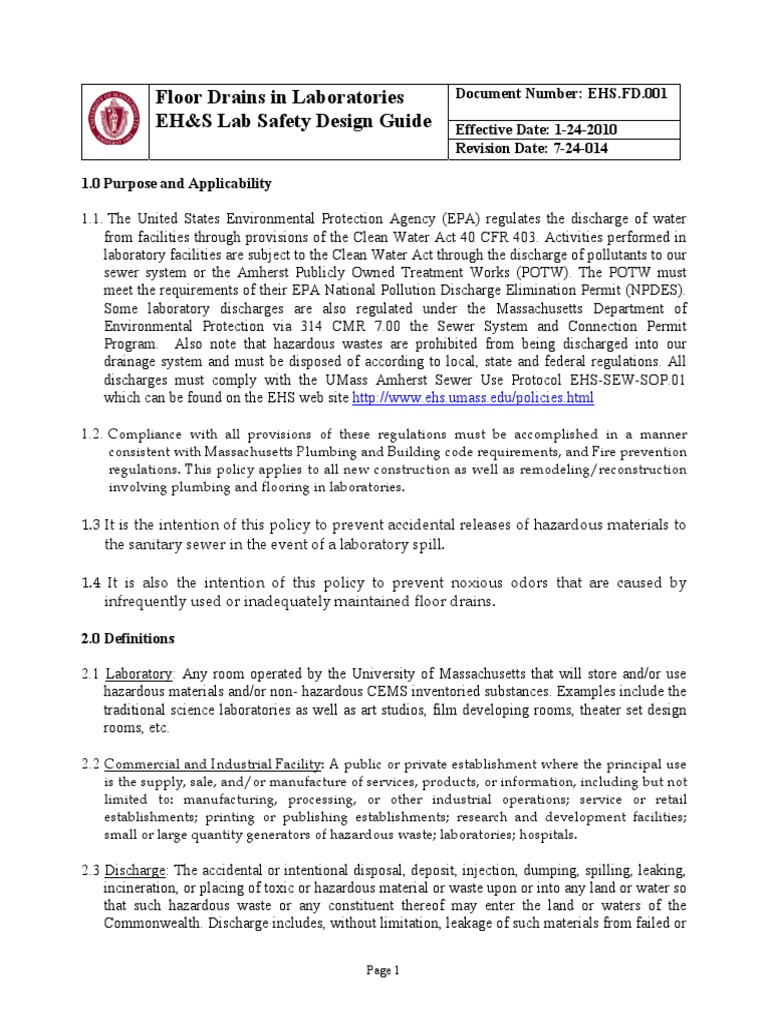 Floor Drains in Laboratories EH&S Lab Safety Design Guide | PDF ...