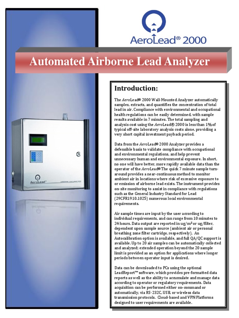 AeroLeadR 2000 Lead Analyzer Spec Sheet | PDF | Regulatory Compliance ...
