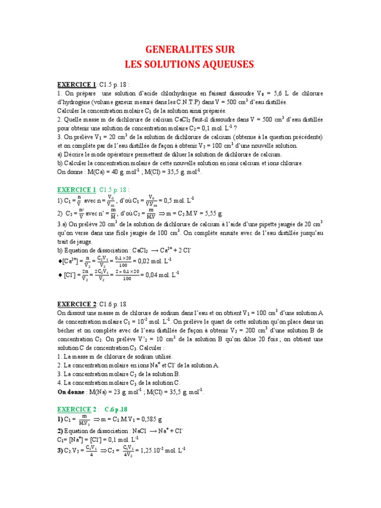 Pourquoi L acide Chlorhydrique Doit Etre Introduit En Exces Exercices Corriges PC | PDF | Concentration molaire | Ph