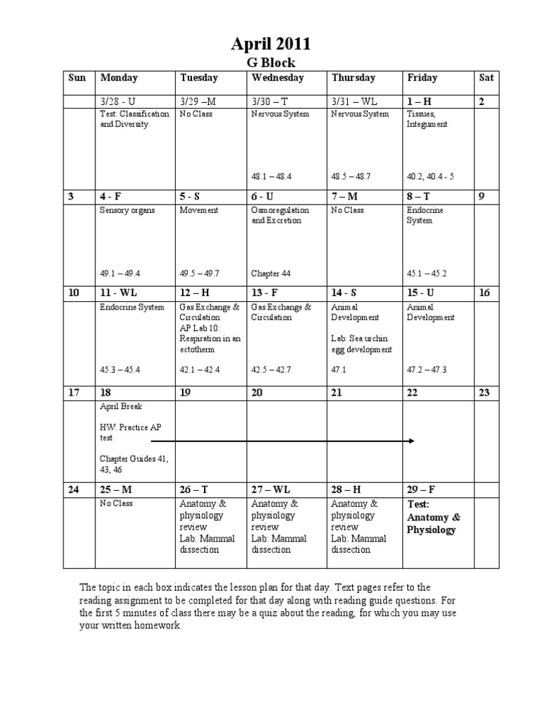 April Calendar G | PDF | Anatomy | Organisms