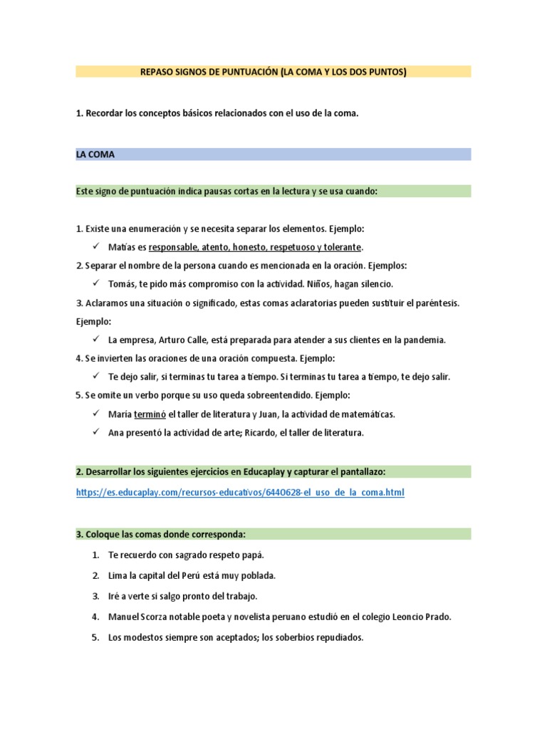 Uso de la Coma y Dos Puntos para Niños | PDF | Puntuación | Gramática