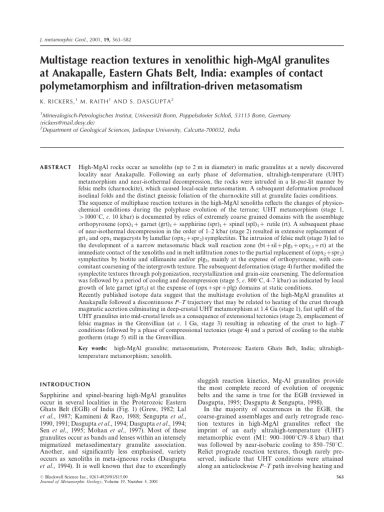 Rickers Et Al 2001 Journal of Metamorphic Geology PDF Natural