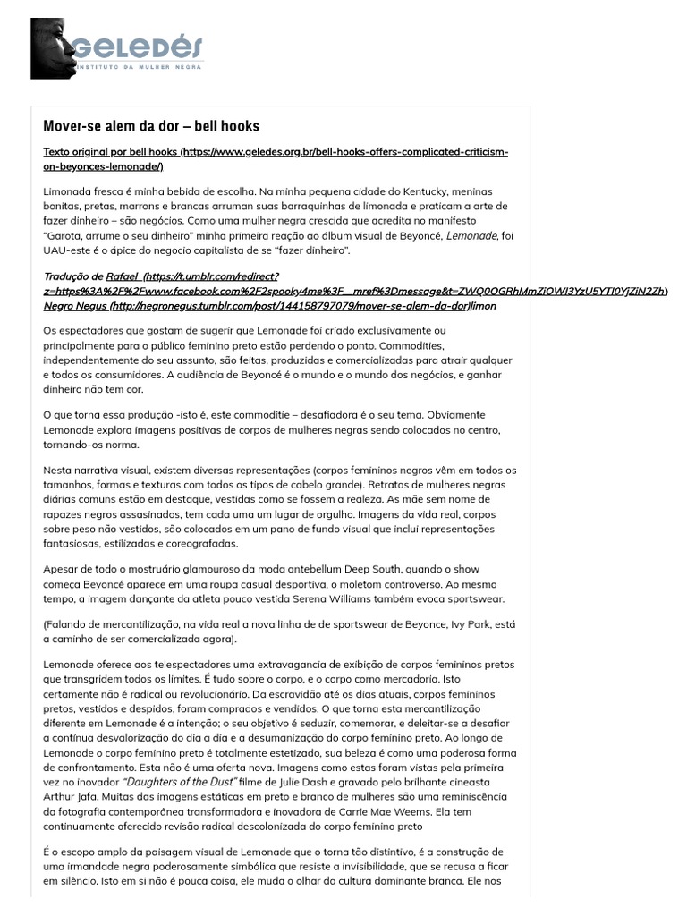 Uma análise crítica e complexa de Beyoncé's Lemonade por bell hooks