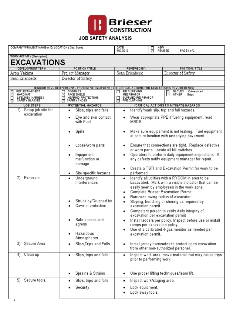 Excavation Job Safety Analysis | PDF | Workplace | Personal Protective ...