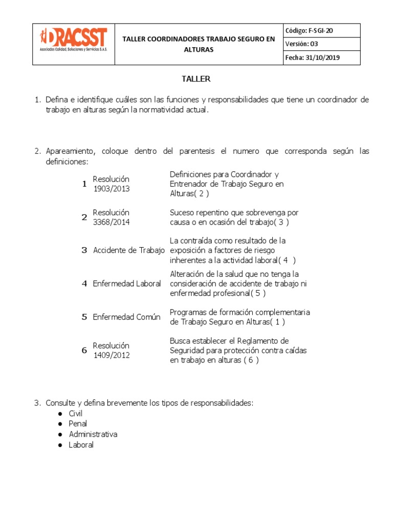 Taller Coordinador | PDF | Andamio | Seguridad y salud ocupacional