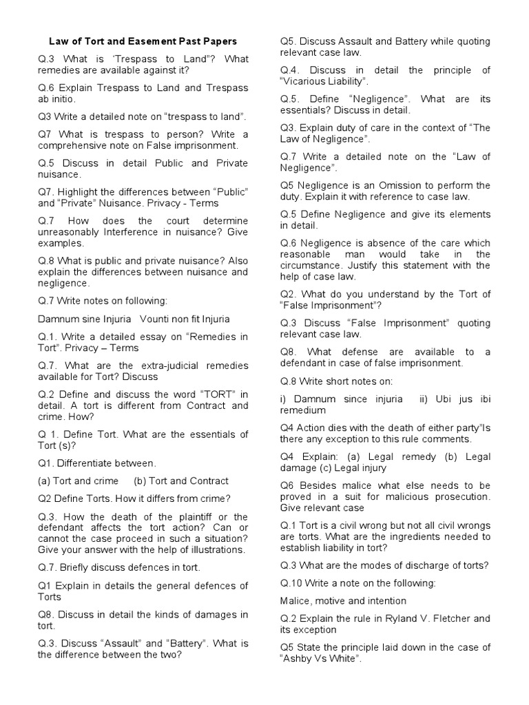 Law of Tort and Easement Exam Papers | PDF | Trespass | Tort