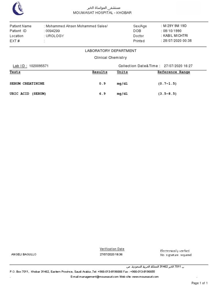 Uric Acid Test Results Summary | PDF