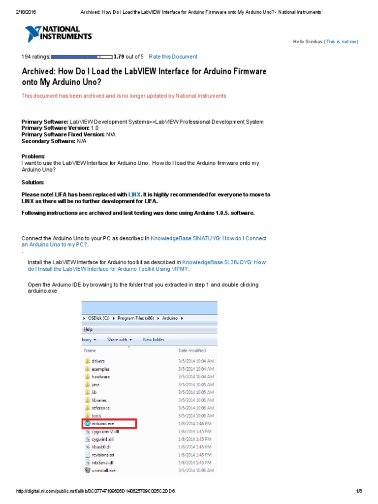 How do i load the labview interface for arduino firmware onto my