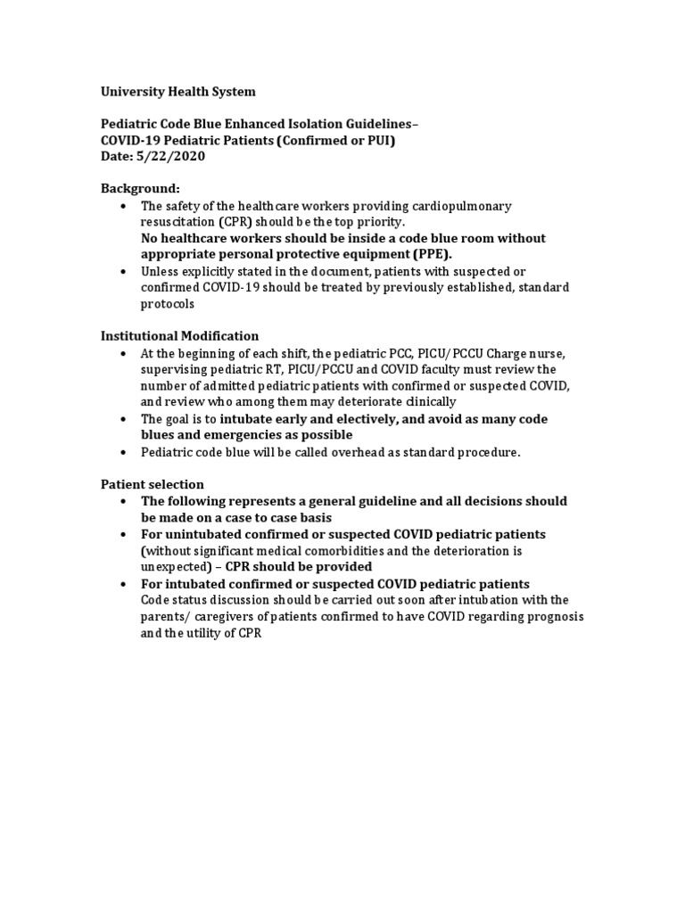 Pediatric Code Blue Enhanced Isolation Guidelines PDF