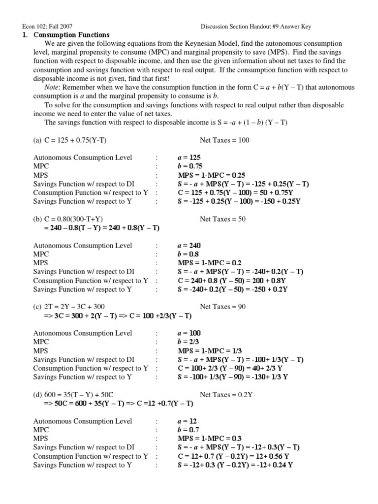 Econ 102: Fall 2007 Discussion Section Handout #9 Answer Key | PDF ...