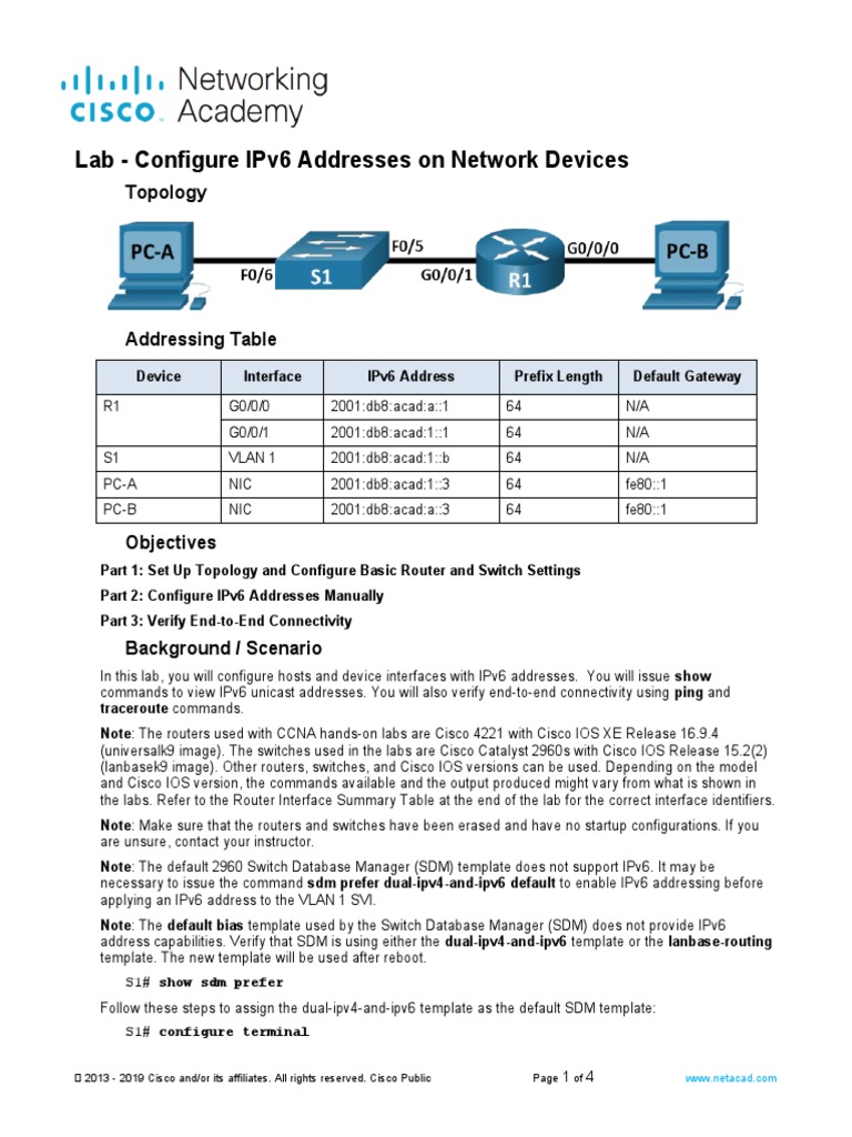 12.9.2 Lab - Configure IPv6 Addresses On Network Devices | PDF | I Pv6 ...