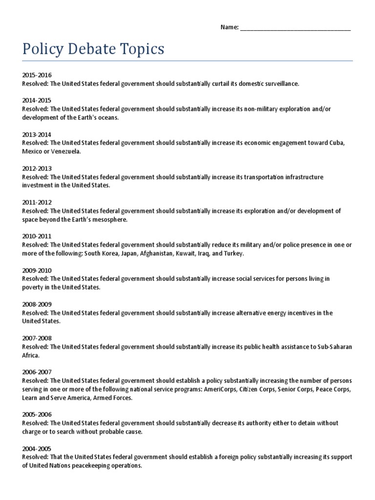 Policy Debate Topics PDF The United States Federal Government Of