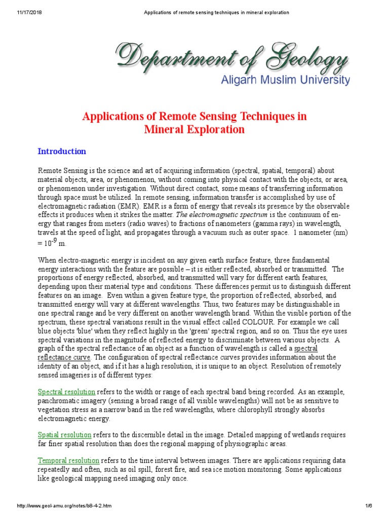 Applications Of Remote Sensing Techniques In Mineral Exploration Pdf