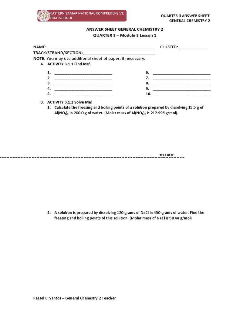 Answer Sheet General Chemistry 2 Set 3 | PDF | Solution | Thermodynamics