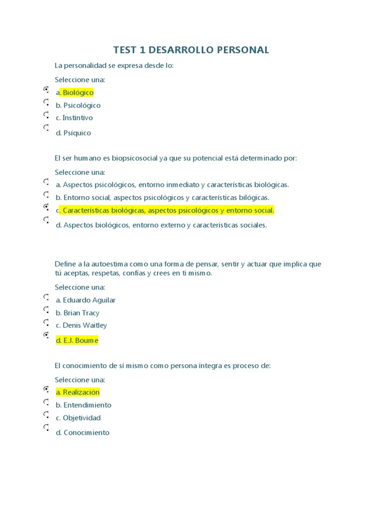 Test de Evaluación de Desarrollo Personal | PDF | Relaciones personales ...