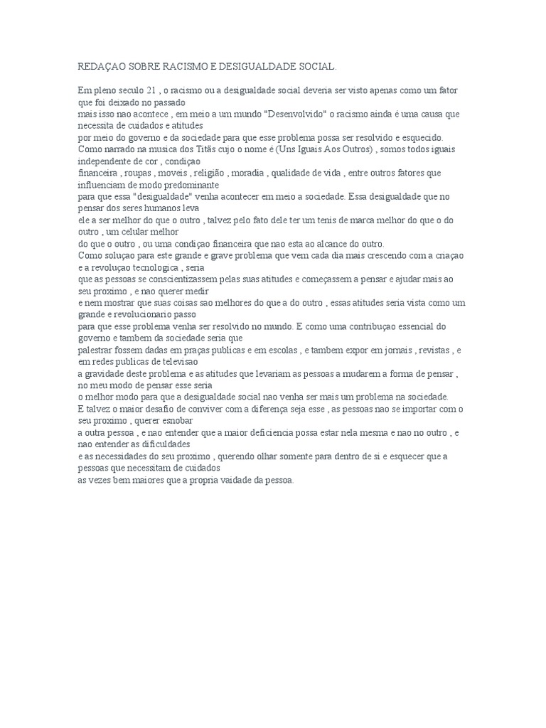 Redação Sobre Racismo e Desigualdade Social | PDF