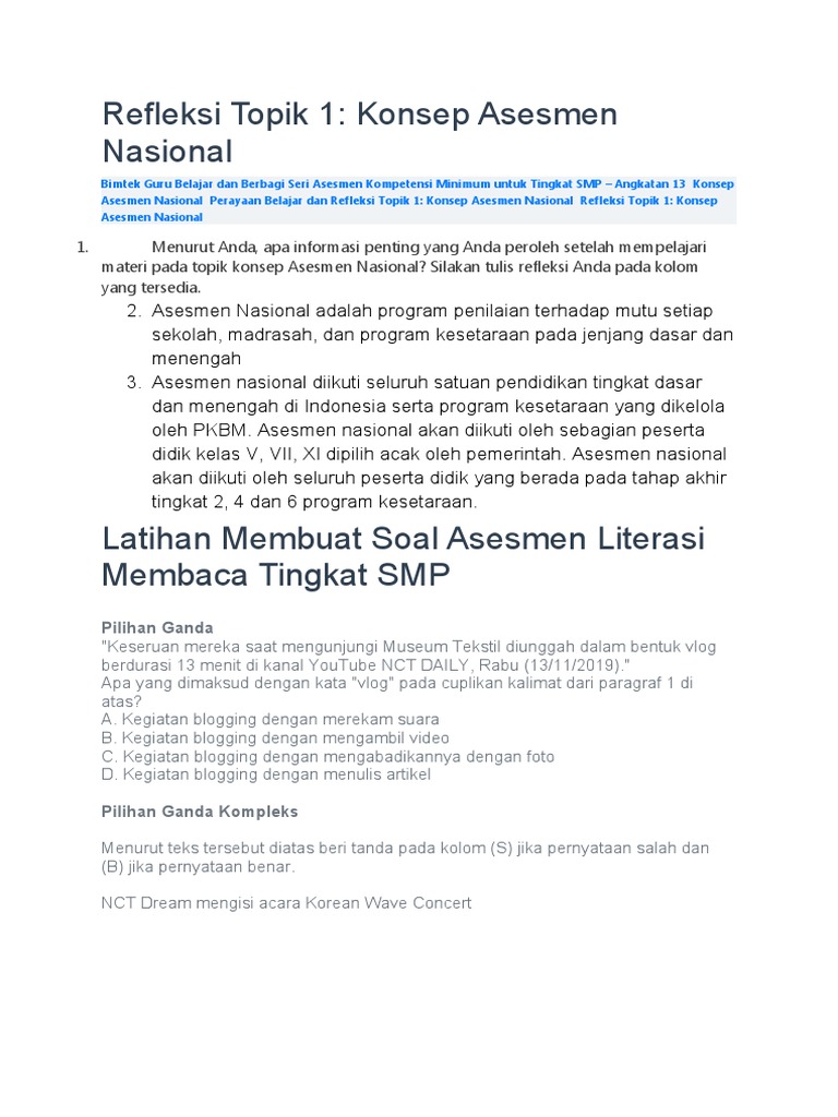 Latihan Membuat Soal Asesmen Literasi Membaca Tingkat Smp