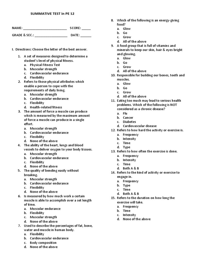 SUMMATIVE TEST in PE 12 06222021 | PDF | Physical Fitness | Muscle