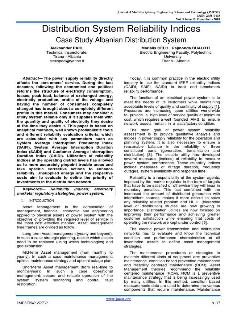 Distribution System Reliability Indices PDF Reliability Engineering