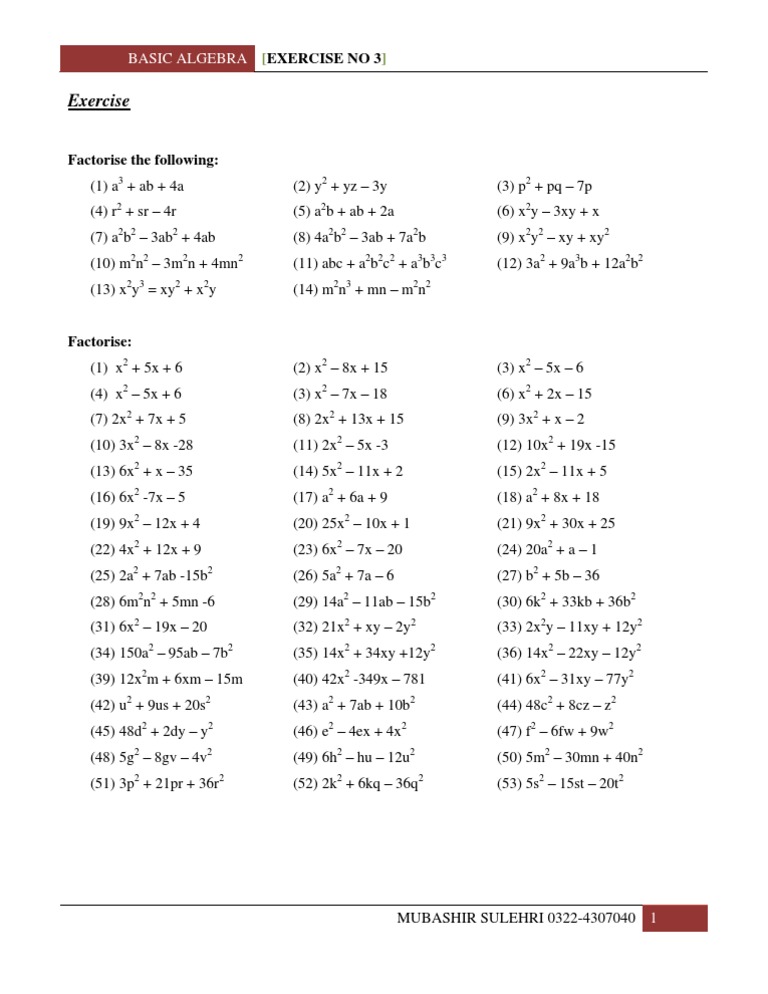 Basic Algebra Factorization Exercises | PDF