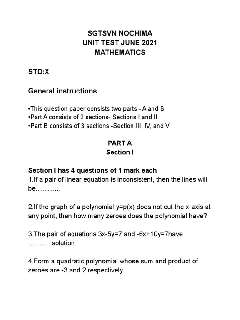 Class 10 Maths Unit Test June 2021 | PDF | Equations | Polynomial