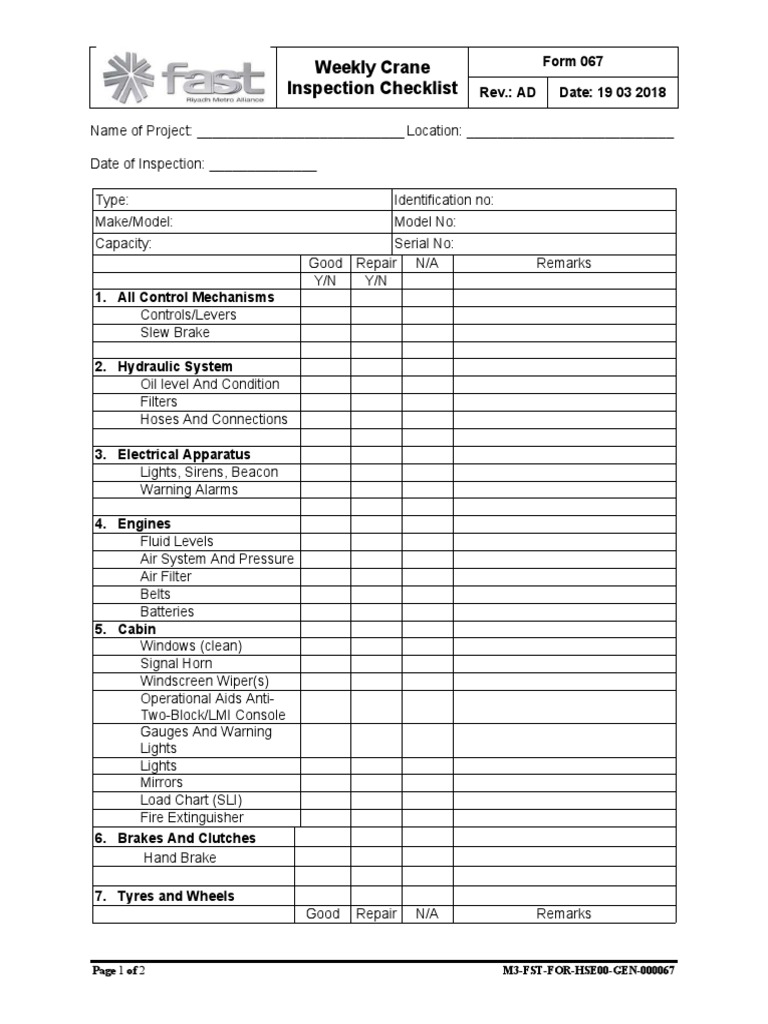 Form-067-Weekly Crane Inspection Checklist | PDF | Computers ...