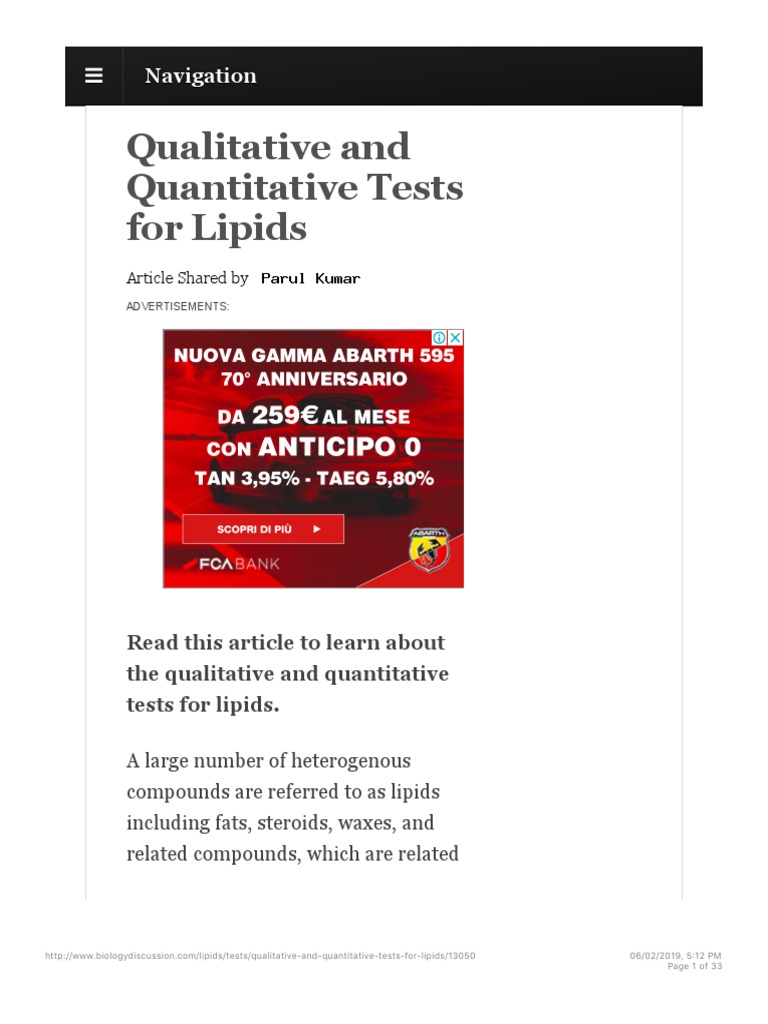 Qualitative and Quantitative Tests For Lipids | PDF | Lipid | Fatty Acid