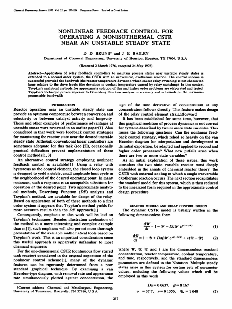 Nonlinear Feedback Control FOR Operating A Nonisothermal CSTR Near An ...