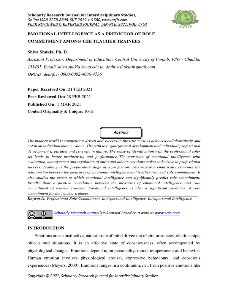 Emotional Intelligence As A Predictor of Role Commitment Among The ...