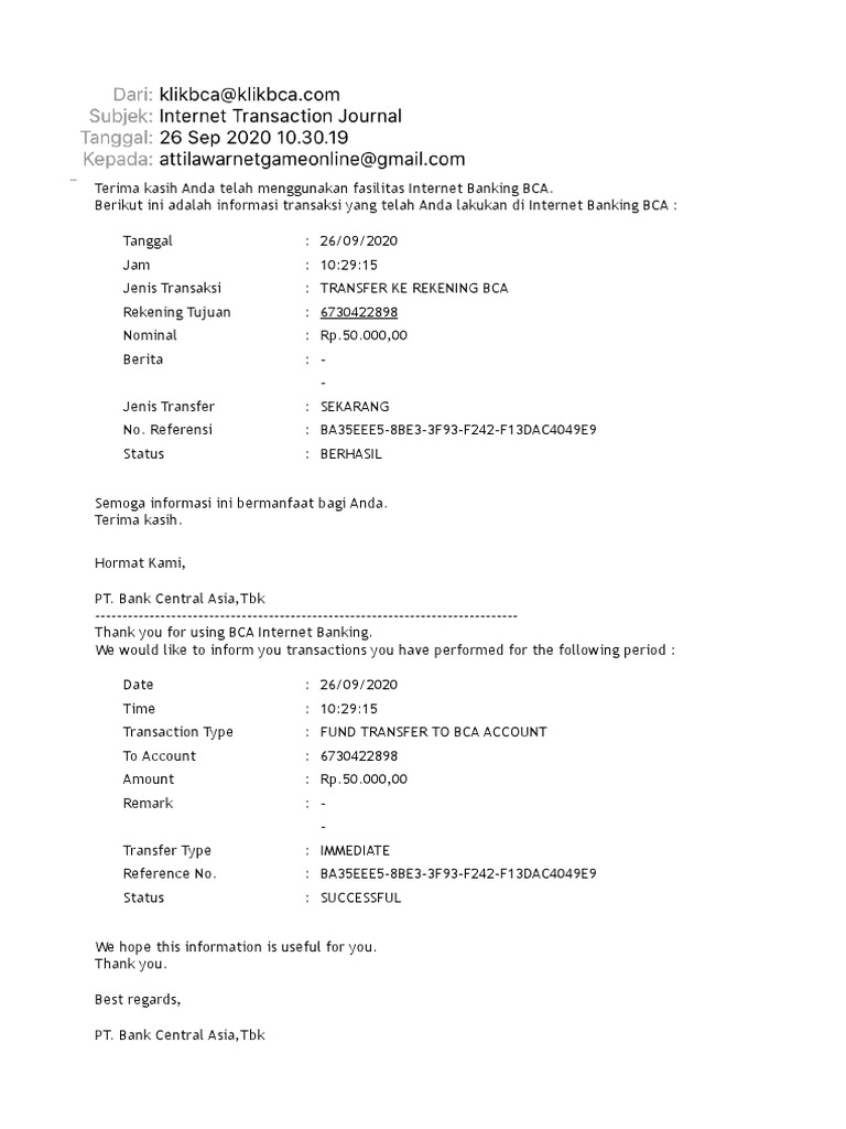 Transaksi Transfer BCA 26 Sep 2020 | PDF