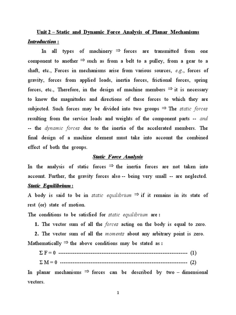 Static Force Analysis of Mechanisms | PDF | Force | Physical Sciences