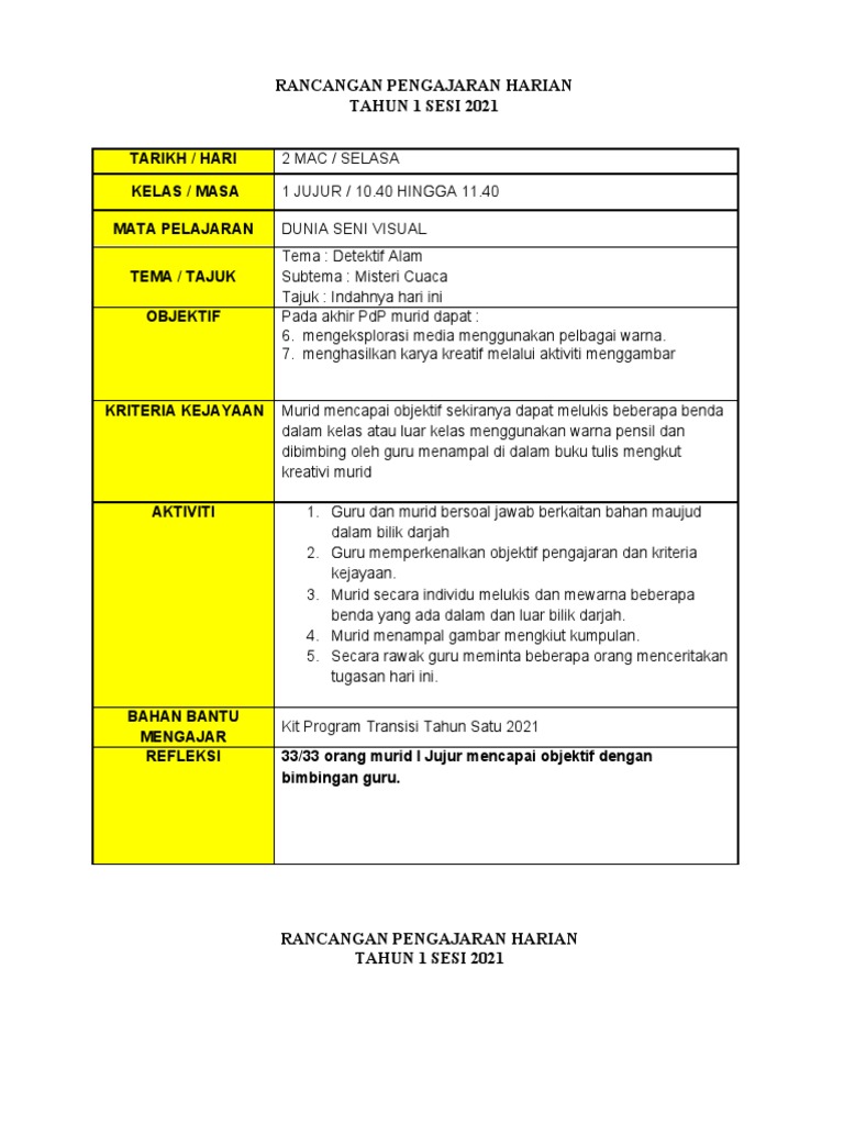 Contoh Tapak Rph Transisi Tahun 1 Skpp 11 Pdf