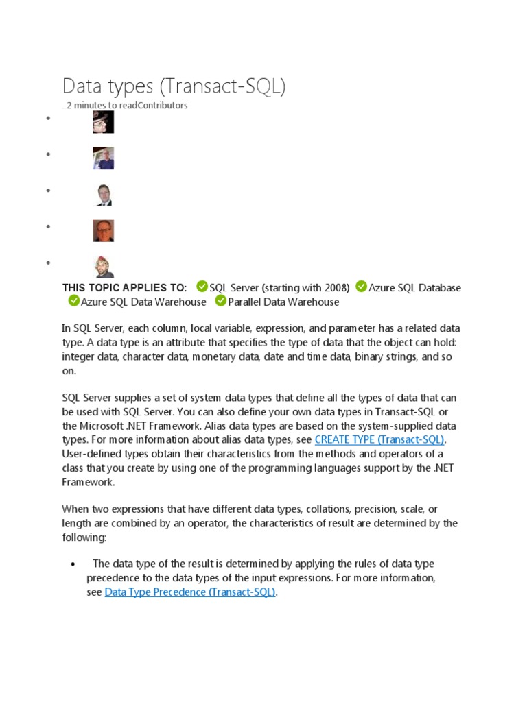 An Overview of Data Types in Transact-SQL | PDF | Microsoft Sql Server ...
