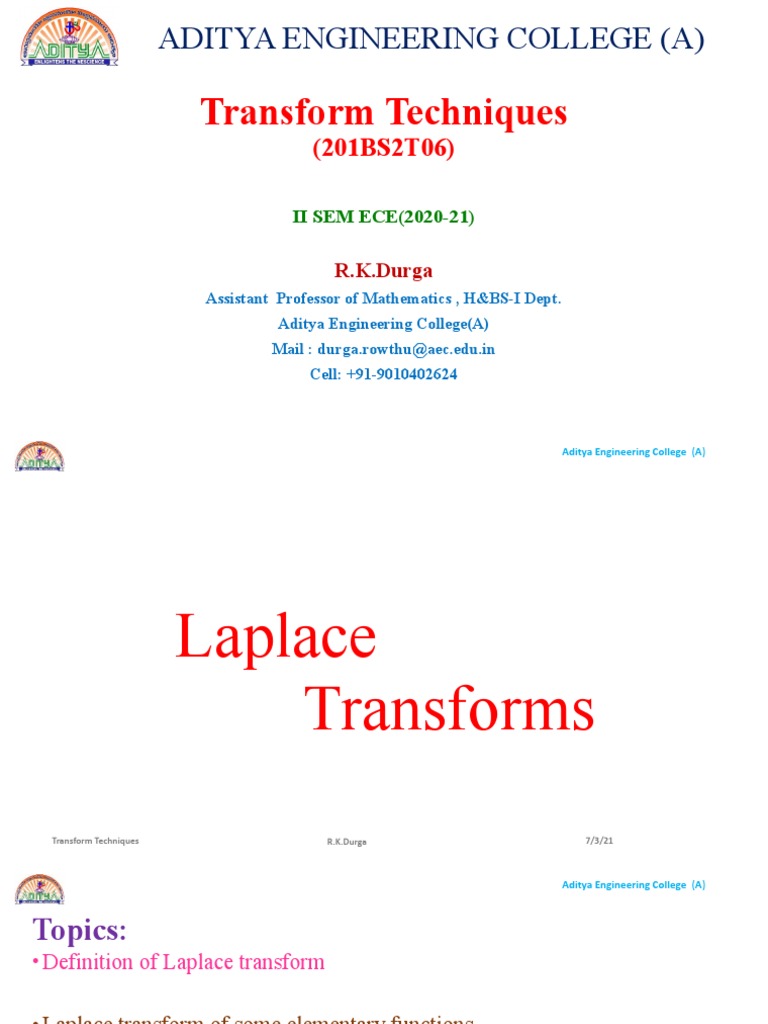 Transform Techniques Aditya Engineering College A Pdf Laplace