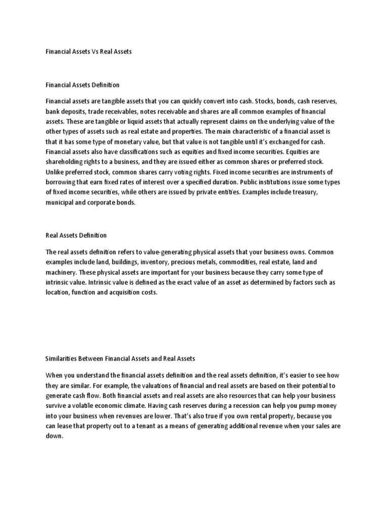 Financial Assets Vs Real Assets Download Free Pdf Stocks