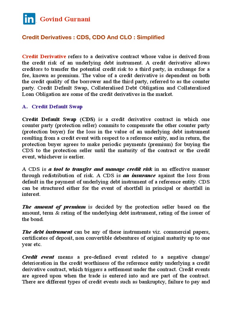 Credit Derivatives: CDS, CDO, CLO Explained | PDF | Collateralized Debt ...
