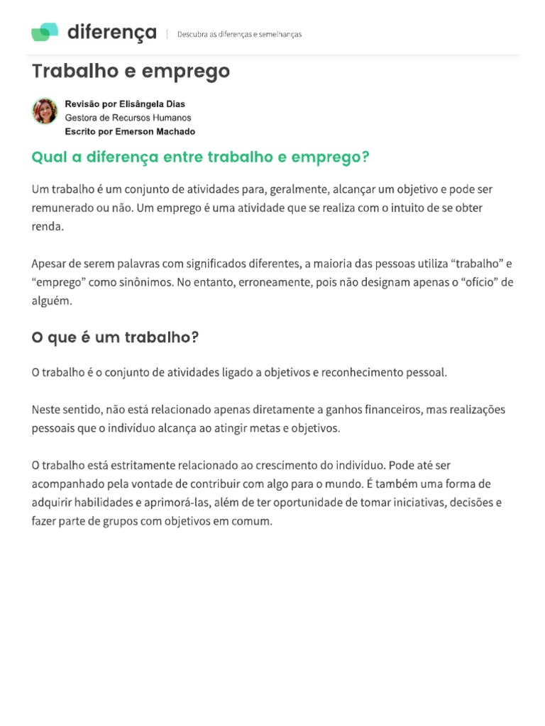Entenda As Diferenças Entre Trabalho e Emprego - Diferença | PDF